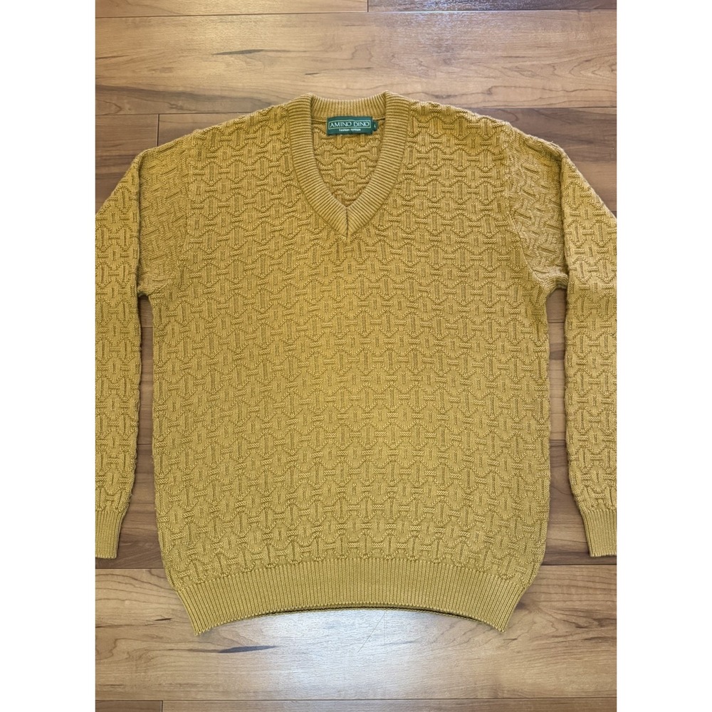 Amino Dino Textured Knit V-Neck Sweater LS Mustard Yellow Men's Size Large L - Picture 6 of 11